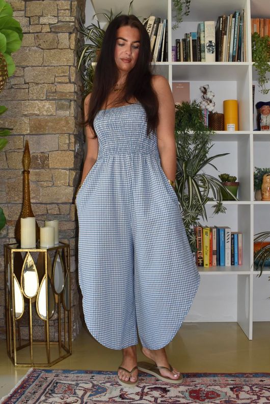 Arbi Gingham Shirring Bandeau Jumpsuit Denim
